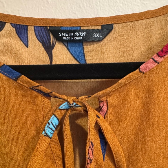 SHEIN Boho Mustard Brown Floral Tie-Front Peplum Blouse - Picture 4 of 7